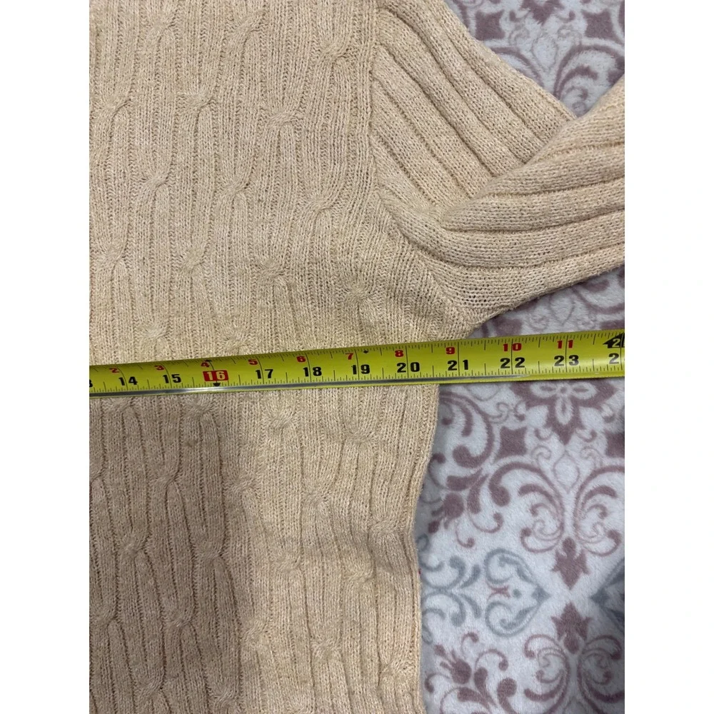 Melrose Studio Silk Blend Cable Knit V-Neck Sweater Tan Beige Medium